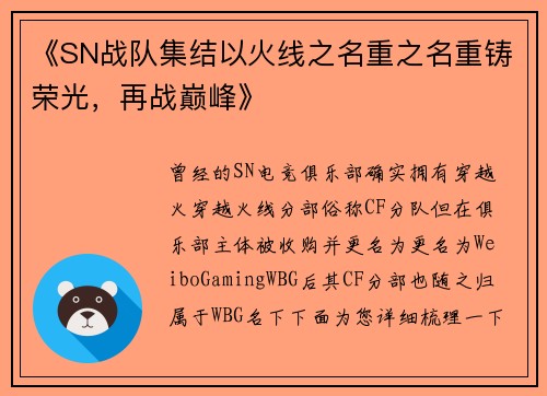 《SN战队集结以火线之名重之名重铸荣光，再战巅峰》